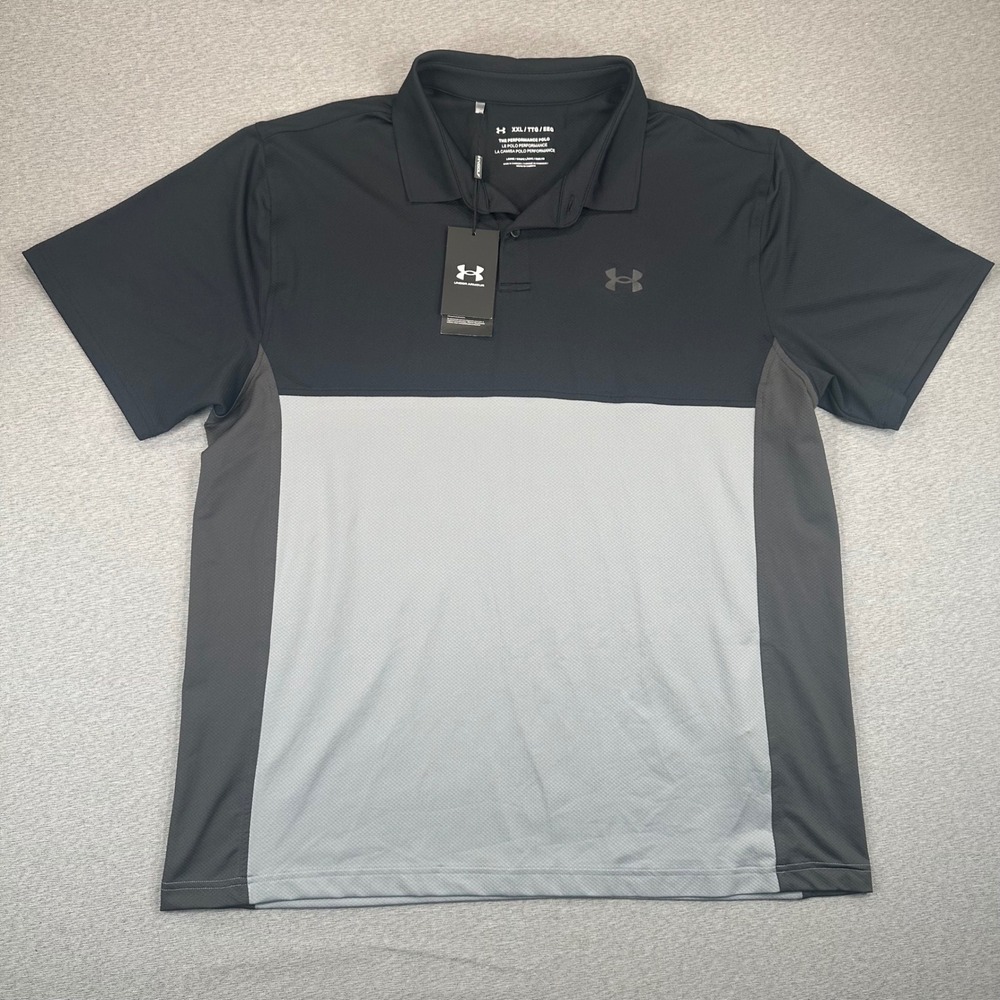 NEW Under Armour‎ Performance Polo Shirt Mens XXL Black Grey Colorblock UPF 40